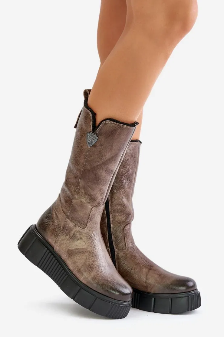 Zazoo Kozaki Na Koturnie|Kozaki Przed Kolano*70121 Skórzane Damskie Kozaki Z Wełną Brązowe