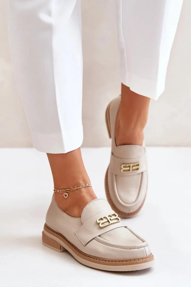 Sale Zazoo 20174 Skórzane Eleganckie Półbuty Damskie Na Płaskim Obcasie Beżowe Beżowy