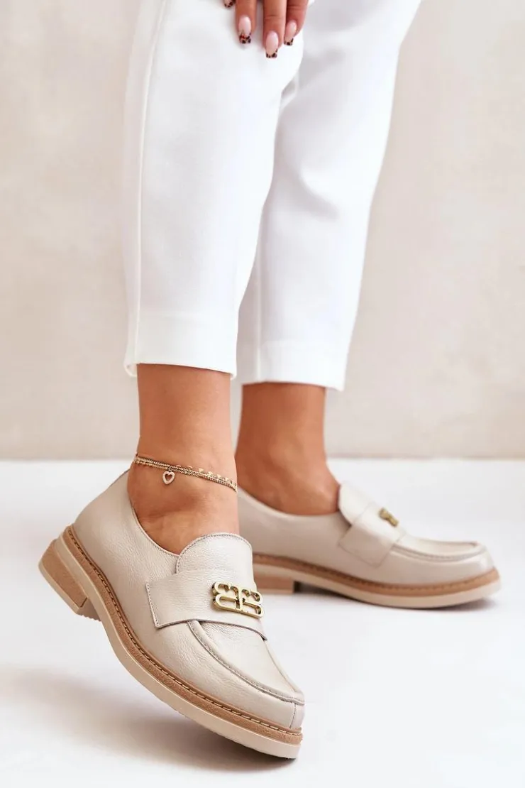 Sale Zazoo 20174 Skórzane Eleganckie Półbuty Damskie Na Płaskim Obcasie Beżowe Beżowy