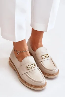 Sale Zazoo 20174 Skórzane Eleganckie Półbuty Damskie Na Płaskim Obcasie Beżowe Beżowy