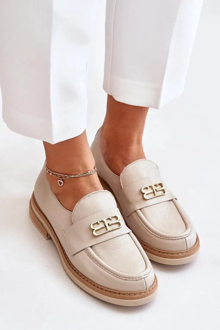 Sale Zazoo 20174 Skórzane Eleganckie Półbuty Damskie Na Płaskim Obcasie Beżowe Beżowy