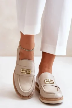 Sale Zazoo 20174 Skórzane Eleganckie Półbuty Damskie Na Płaskim Obcasie Beżowe Beżowy