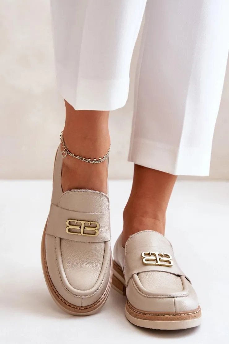 Sale Zazoo 20174 Skórzane Eleganckie Półbuty Damskie Na Płaskim Obcasie Beżowe Beżowy