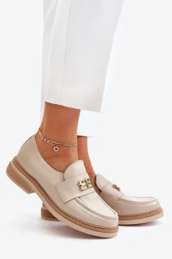 Sale Zazoo 20174 Skórzane Eleganckie Półbuty Damskie Na Płaskim Obcasie Beżowe Beżowy