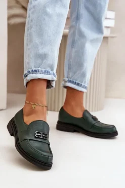 Zazoo Półbuty Skórzane*20174 Skórzane Eleganckie Półbuty Damskie Na Płaskim Obcasie Ciemnozielone Zielony