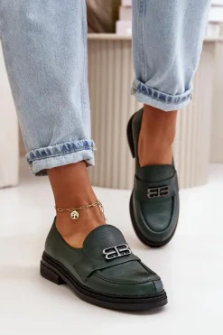 Zazoo Półbuty Skórzane*20174 Skórzane Eleganckie Półbuty Damskie Na Płaskim Obcasie Ciemnozielone Zielony