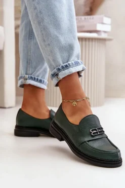 Zazoo Półbuty Skórzane*20174 Skórzane Eleganckie Półbuty Damskie Na Płaskim Obcasie Ciemnozielone Zielony