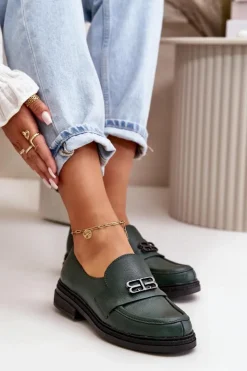 Zazoo Półbuty Skórzane*20174 Skórzane Eleganckie Półbuty Damskie Na Płaskim Obcasie Ciemnozielone Zielony