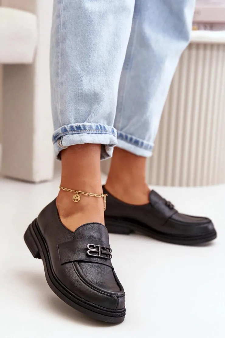 Damskie Zazoo 20174 Skórzane Eleganckie Półbuty Damskie Na Płaskim Obcasie Czarne