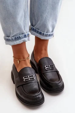 Damskie Zazoo 20174 Skórzane Eleganckie Półbuty Damskie Na Płaskim Obcasie Czarne