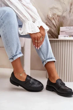 Damskie Zazoo 20174 Skórzane Eleganckie Półbuty Damskie Na Płaskim Obcasie Czarne