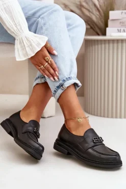 Damskie Zazoo 20174 Skórzane Eleganckie Półbuty Damskie Na Płaskim Obcasie Czarne