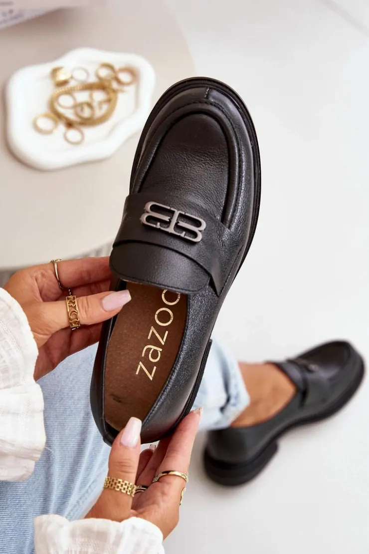 Damskie Zazoo 20174 Skórzane Eleganckie Półbuty Damskie Na Płaskim Obcasie Czarne