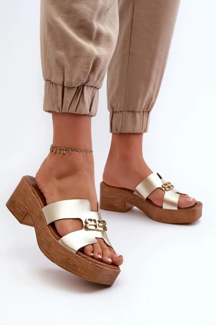 Damskie Zazoo 40412 Skórzane Eleganckie Klapki Damskie Z Ozdobą Złote