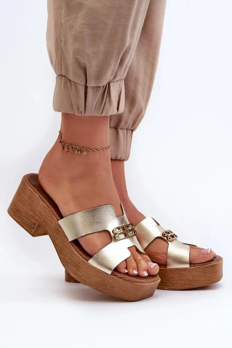 Damskie Zazoo 40412 Skórzane Eleganckie Klapki Damskie Z Ozdobą Złote