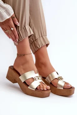 Damskie Zazoo 40412 Skórzane Eleganckie Klapki Damskie Z Ozdobą Złote