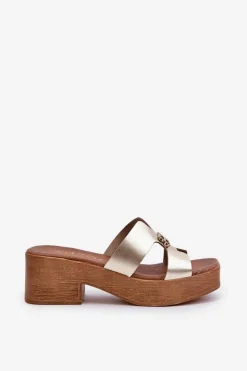 Damskie Zazoo 40412 Skórzane Eleganckie Klapki Damskie Z Ozdobą Złote