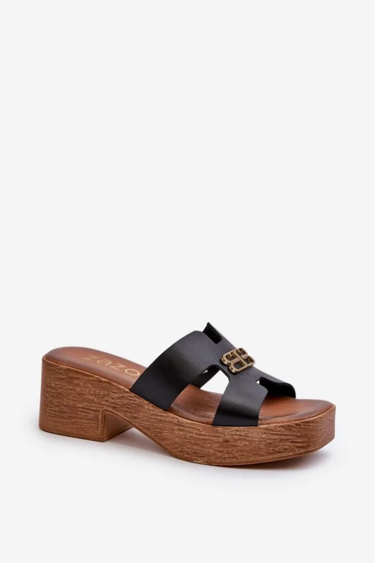 Outlet Zazoo 40412 Skórzane Eleganckie Klapki Damskie Ze Złotą Ozdobą Czarne Czarny