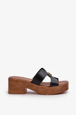 Outlet Zazoo 40412 Skórzane Eleganckie Klapki Damskie Ze Złotą Ozdobą Czarne Czarny