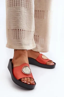 Damskie Zazoo 2920 Skórzane Klapki Damskie Na Koturnie Ze Złotym Detalem Pomarańczowe