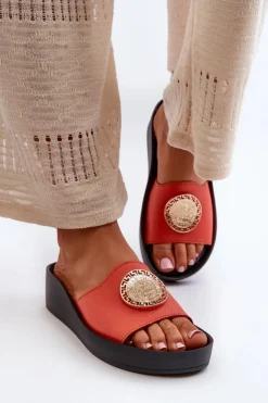 Damskie Zazoo 2920 Skórzane Klapki Damskie Na Koturnie Ze Złotym Detalem Pomarańczowe