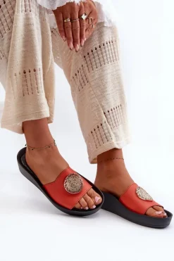 Damskie Zazoo 2920 Skórzane Klapki Damskie Na Koturnie Ze Złotym Detalem Pomarańczowe