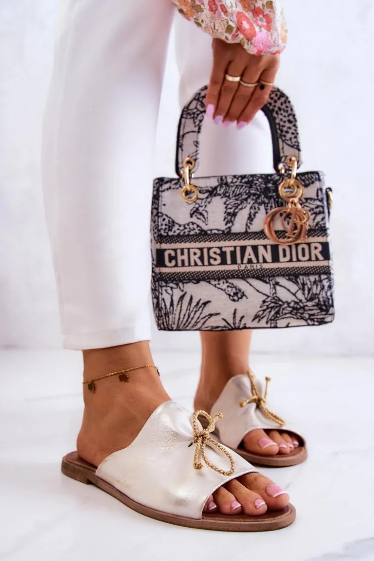 Zazoo 2659 Skórzane Klapki Damskie Biało-Złote