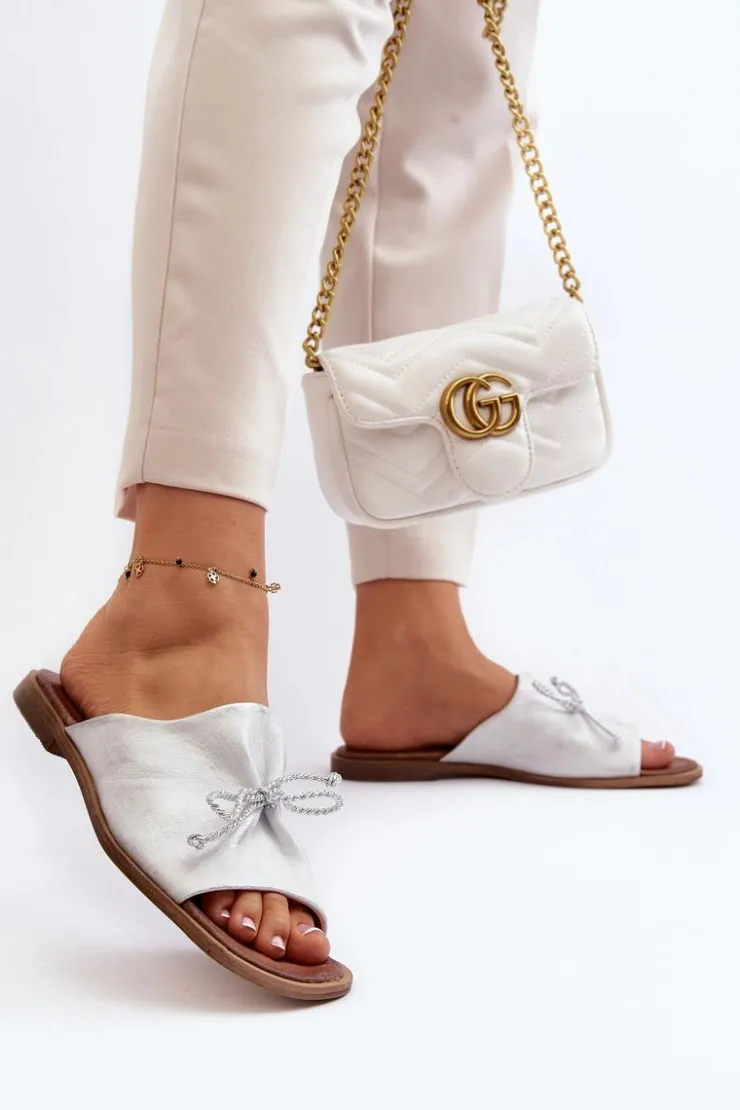 Zazoo Klapki Damskie Klasyczne*2659 Skórzane Klapki Damskie Srebrne Srebrny