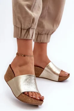 New Zazoo 40289 Skórzane Klapki Damskie Na Korkowym Koturnie Złote