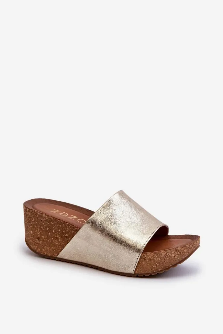 New Zazoo 40289 Skórzane Klapki Damskie Na Korkowym Koturnie Złote