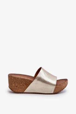 New Zazoo 40289 Skórzane Klapki Damskie Na Korkowym Koturnie Złote