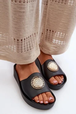 Zazoo Klapki Na Koturnie|Klapki Na Platformie*2920 Skórzane Klapki Damskie Na Koturnie Ze Złotym Detalem Czarne