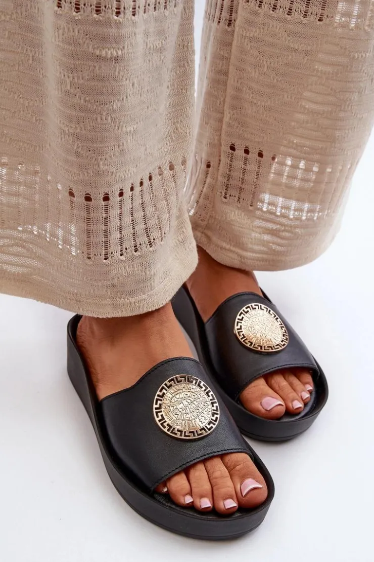 Zazoo Klapki Na Koturnie|Klapki Na Platformie*2920 Skórzane Klapki Damskie Na Koturnie Ze Złotym Detalem Czarne