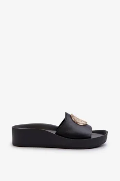 Zazoo Klapki Na Koturnie|Klapki Na Platformie*2920 Skórzane Klapki Damskie Na Koturnie Ze Złotym Detalem Czarne