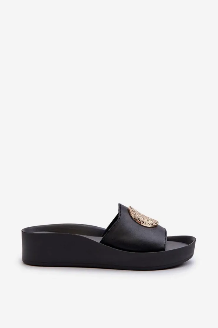 Zazoo Klapki Na Koturnie|Klapki Na Platformie*2920 Skórzane Klapki Damskie Na Koturnie Ze Złotym Detalem Czarne