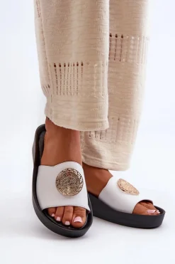 Clearance Zazoo 2920 Skórzane Klapki Damskie Na Koturnie Ze Złotym Detalem Białe Biały