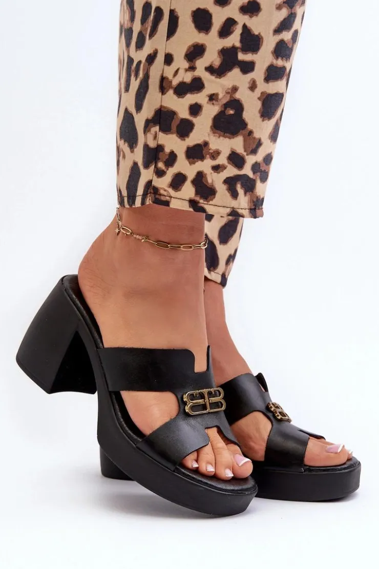 Zazoo Klapki Na Obcasie|Klapki Damskie Klasyczne*40419 Skórzane Klapki Damskie Z Wycięciami I Ozdobą Czarne