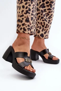 Zazoo Klapki Na Obcasie|Klapki Damskie Klasyczne*40419 Skórzane Klapki Damskie Z Wycięciami I Ozdobą Czarne