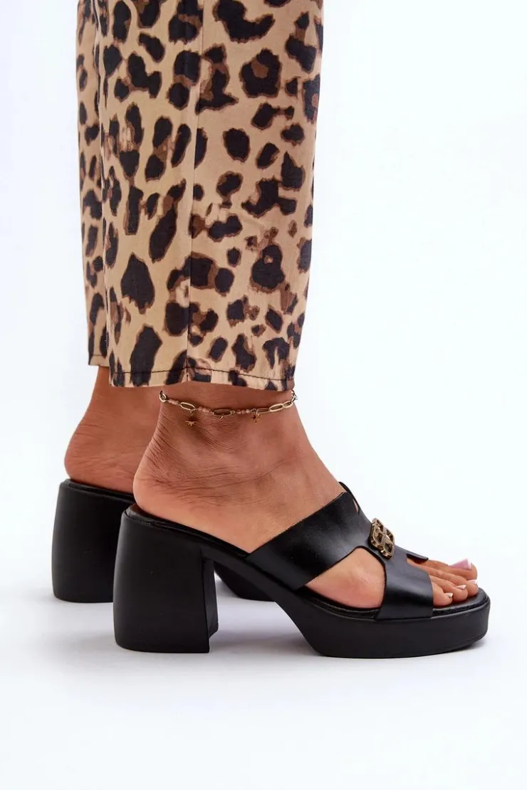 Zazoo Klapki Na Obcasie|Klapki Damskie Klasyczne*40419 Skórzane Klapki Damskie Z Wycięciami I Ozdobą Czarne