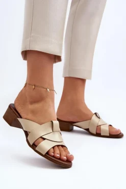 Zazoo Klapki Na Obcasie|Klapki Damskie Klasyczne*40236 Skórzane Klapki Damskie Na Niskim Obcasie Beżowe Beżowy