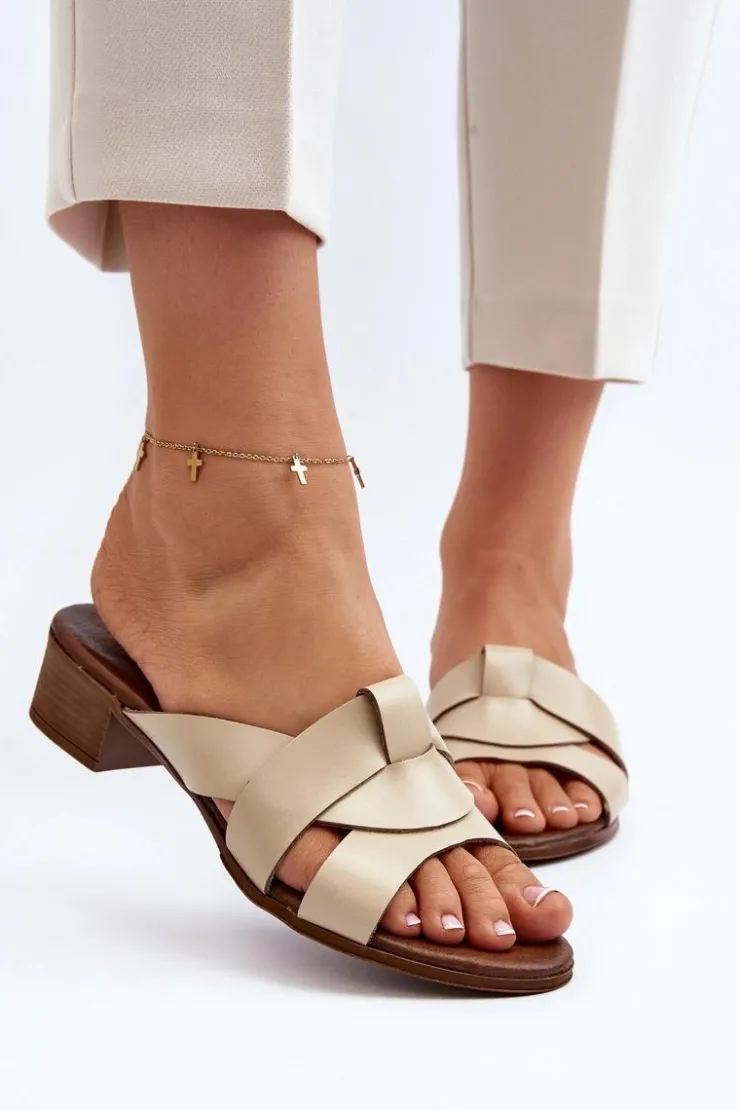 Zazoo Klapki Na Obcasie|Klapki Damskie Klasyczne*40236 Skórzane Klapki Damskie Na Niskim Obcasie Beżowe Beżowy