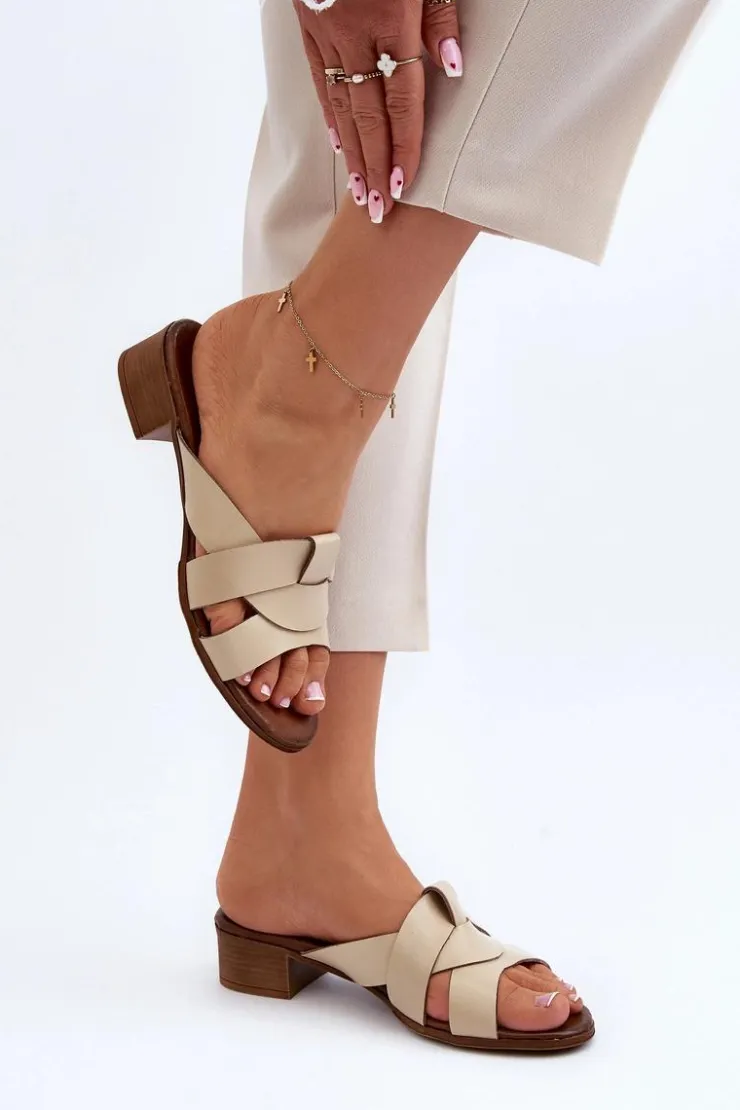 Zazoo Klapki Na Obcasie|Klapki Damskie Klasyczne*40236 Skórzane Klapki Damskie Na Niskim Obcasie Beżowe Beżowy