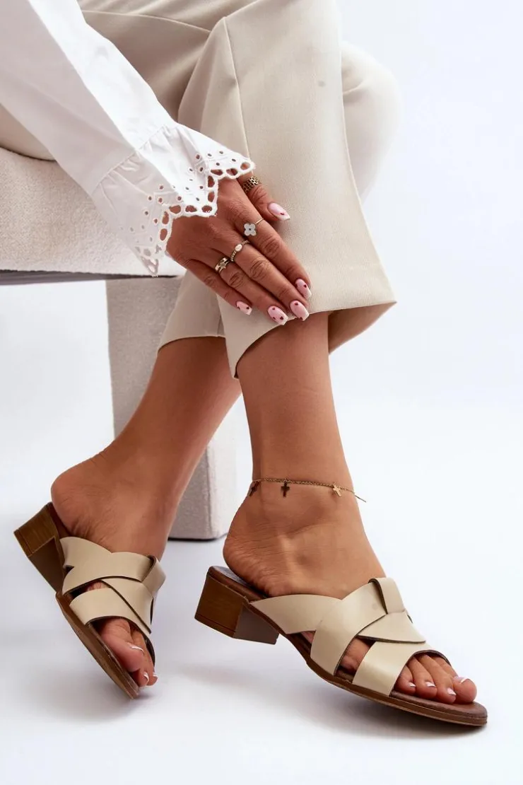 Zazoo Klapki Na Obcasie|Klapki Damskie Klasyczne*40236 Skórzane Klapki Damskie Na Niskim Obcasie Beżowe Beżowy