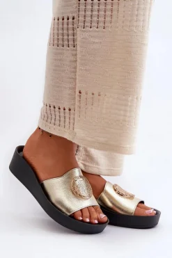 Zazoo Klapki Na Koturnie|Klapki Na Platformie*2920 Skórzane Klapki Damskie Na Koturnie Ze Złotym Detalem Złote