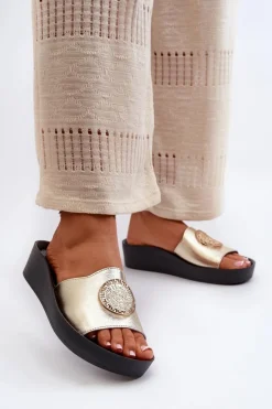 Zazoo Klapki Na Koturnie|Klapki Na Platformie*2920 Skórzane Klapki Damskie Na Koturnie Ze Złotym Detalem Złote