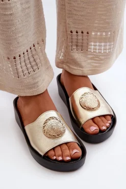 Zazoo Klapki Na Koturnie|Klapki Na Platformie*2920 Skórzane Klapki Damskie Na Koturnie Ze Złotym Detalem Złote