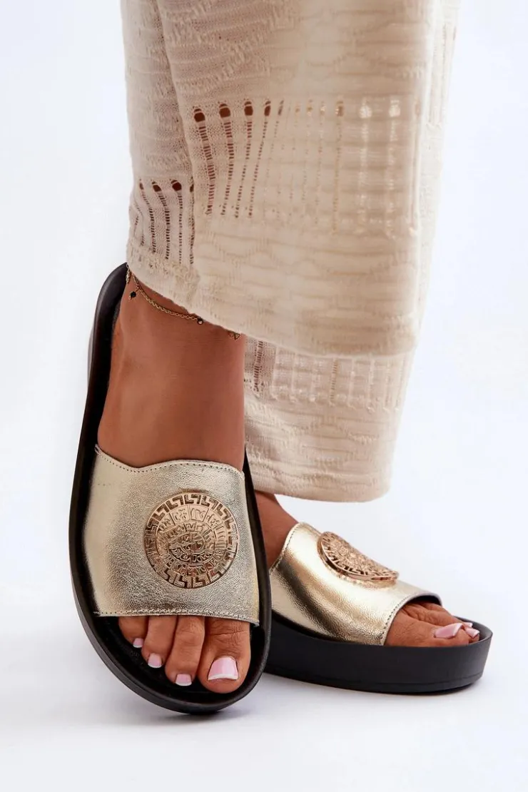 Zazoo Klapki Na Koturnie|Klapki Na Platformie*2920 Skórzane Klapki Damskie Na Koturnie Ze Złotym Detalem Złote