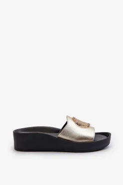 Zazoo Klapki Na Koturnie|Klapki Na Platformie*2920 Skórzane Klapki Damskie Na Koturnie Ze Złotym Detalem Złote