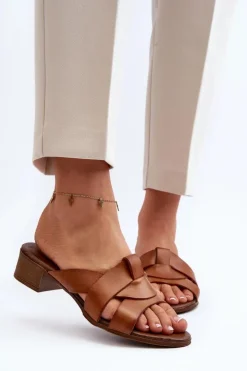 Discount Zazoo 40236 Skórzane Klapki Damskie Na Niskim Obcasie Brązowe