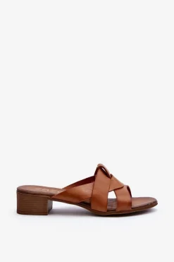 Discount Zazoo 40236 Skórzane Klapki Damskie Na Niskim Obcasie Brązowe